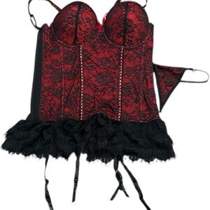 Lace Bustier Set in Red and Black